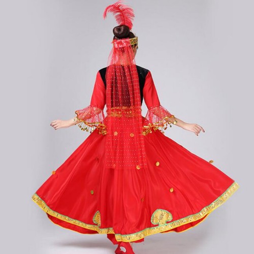 Women's chinese folk dance costumes ancient traditional belly xinjiang Uygur ethnic minority performance party cospaly dancing dresses
